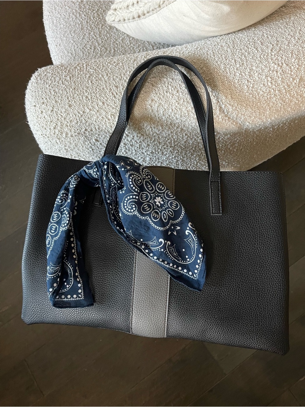 Vince Camuto Black Leather Tote with Gray Center Stripe